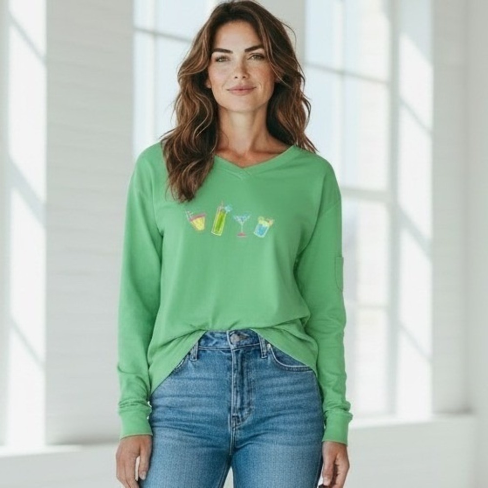 FRESH PRODUCE French Terry Sweatshirt Top L Green Cocktail Coastal Preppy Comfy